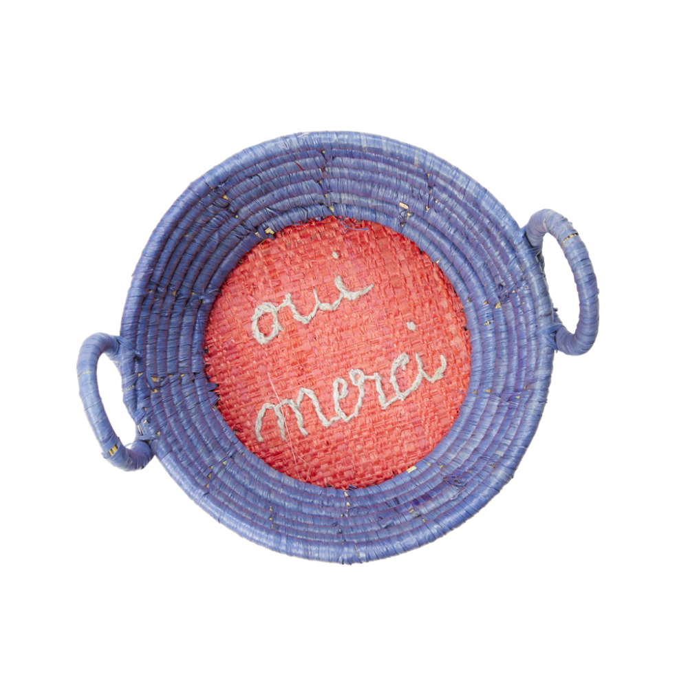 Mini Round Raffia Basket Embroidered Words  Rice DK